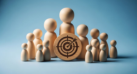 A group of unpainted wooden peg figures are arranged around a wooden circular target symbol with an arrow in the center against a solid blue background.の素材