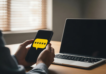 Hands hold a black smartphone displaying a yellow speech bubble with five black stars, next to an open laptop on a wooden desk.の素材