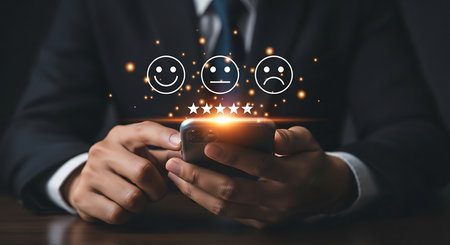 Hands in a dark suit hold a smartphone displaying glowing emojis and five stars above a bright light.の素材