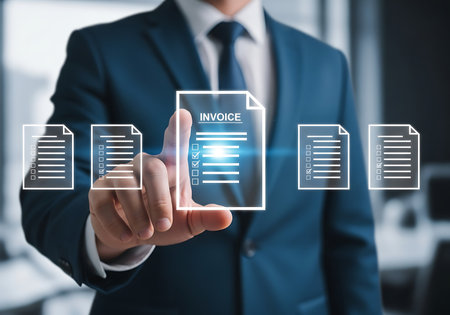 A man in a blue suit and tie touches a glowing digital invoice document with checkboxes on a screen.の素材