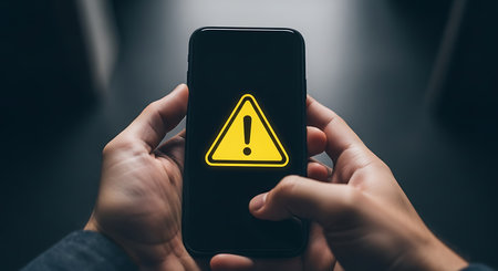 Hands hold a black smartphone displaying a bright yellow warning triangle with an exclamation mark.の素材
