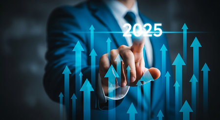 A man in a blue suit touches the glowing year 2025 amidst a backdrop of blue upward arrows symbolizing growth and progress.の素材