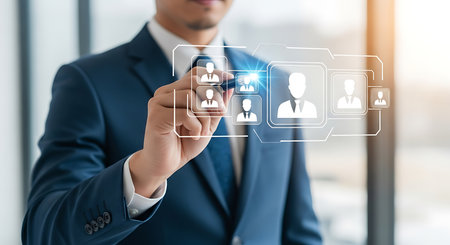 A man in a dark blue suit interacts with a glowing digital interface displaying silhouette icons of people in a grid layout.の素材