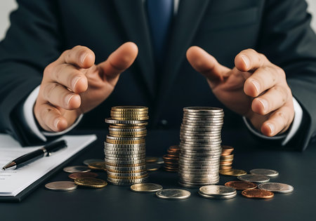 Stacks of gold and silver coins are arranged on a dark surface with a man's hands hovering above them. A pen and document are visible to the left.の素材