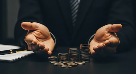 Hands in a suit are spread over stacks of coins and a document with a pen.の素材
