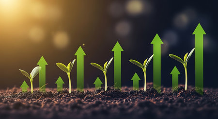 Young green sprouts emerge from dark soil, with translucent green arrows pointing upwards behind them, symbolizing growth and progress.の素材