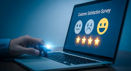 A hand touches a laptop screen displaying a customer satisfaction survey with emojis and glowing stars.の素材