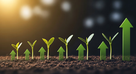 Green sprouts emerge from dark soil, each accompanied by an upward-pointing green arrow, symbolizing growth and progress.の素材