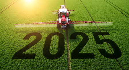 Aerial view of a red tractor spraying a vibrant green field. Large dark numbers spelling 2025 are visible in the grass, with sunlight casting a warm glow.の素材