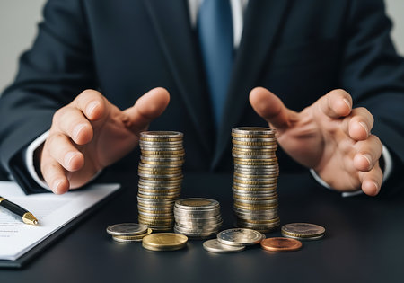 A man in a dark suit and blue tie extends his hands over stacks of gold and silver coins on a dark surface.の素材