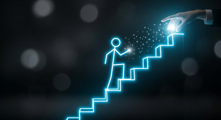 A neon blue stick figure climbs glowing stairs towards a hand reaching from above, with sparkling lights.の素材