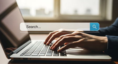 Close-up of hands typing on a laptop keyboard with a search bar graphic overlay and a magnifying glass icon.の素材