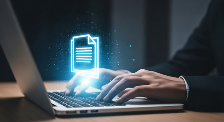 Hands typing on a laptop with a bright blue digital document icon and particles floating above the keyboard.の素材