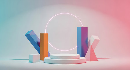 White tiered podium surrounded by abstract geometric shapes in pastel blue, orange, pink and purple with a glowing neon circle behind.の素材