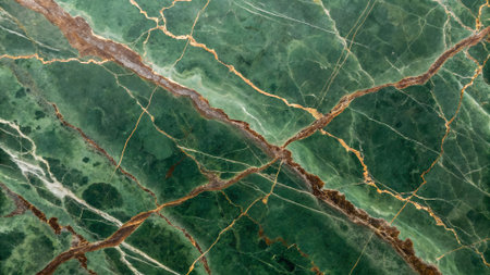 A close-up view of deep green marble with striking gold and brown veining creating an abstract, organic pattern.の素材