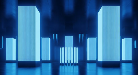 Abstract scene with glowing blue geometric blocks featuring vertical lines and reflections on a dark, polished surface.の素材