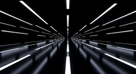 A dark, reflective tunnel with white linear lights receding into a vanishing point. The composition creates a sense of depth and motion.の素材
