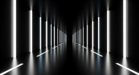 A dark, reflective corridor with rows of tall, glowing white light panels on each side. Light reflects on the glossy floor creating a sense of depth.の素材
