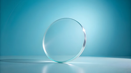 A clear glass ring rests on a reflective surface against a soft blue gradient background with subtle light effects.の素材