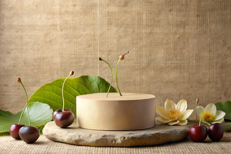 Dark red cherries and light yellow lotus flowers are arranged on a stone and cylindrical podium against a textured burlap background.の素材