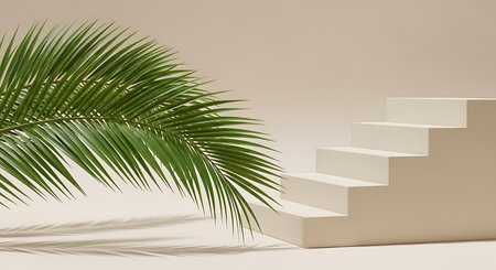 A beige geometric staircase sits on a light beige surface, with a large green palm frond casting a shadow.の素材