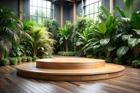A circular wooden stage with two tiers sits in a bright, airy space filled with lush green tropical plants and large windows.の素材