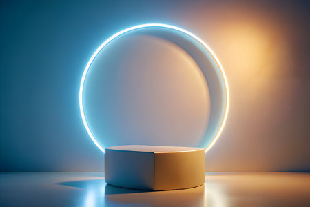 A golden podium sits on a reflective surface in front of a wall. A large circular neon light glows with blue and orange hues behind the podium.の素材