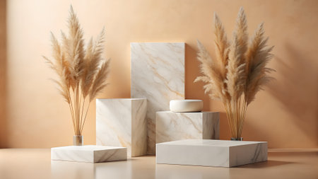Geometric marble pedestals and pampas grass arranged against a soft beige wall with subtle shadows.の素材
