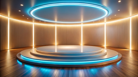 A circular stage with tiered platforms is illuminated by blue neon lights and vertical orange lights against a textured wall.の素材