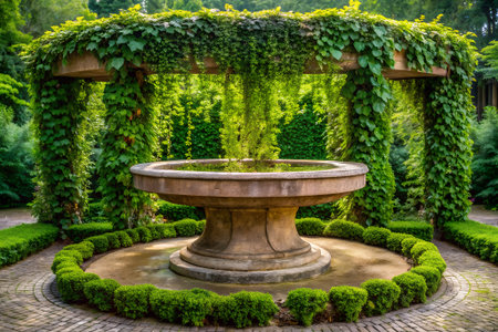 A stone fountain sits beneath a pergola draped in lush green ivy. Manicured hedges and a brick pathway surround the tranquil garden scene.の素材