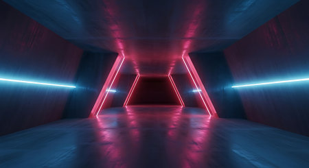 Dark futuristic corridor with geometric shapes illuminated by vibrant pink and blue neon lights reflecting on the polished floor.の素材