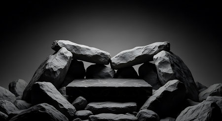 A dark grey stone pedestal is surrounded by rough, grey rocks against a dark, gradient background.の素材