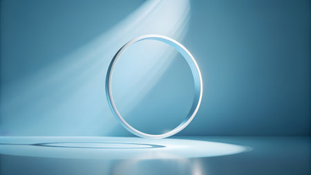 A white ring floats on a blue podium with dramatic light beams and shadows casting across the smooth surface.の素材