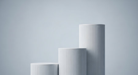 Three ribbed white cylindrical pedestals of varying heights are arranged on a plain light blue background.の素材