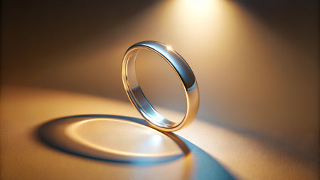 A single polished silver ring rests on a warm beige surface, illuminated by dramatic golden spotlights casting long shadows.の素材