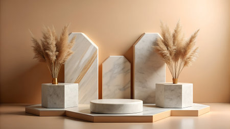 Neutral toned display with geometric marble podiums and dried pampas grass arrangements against a soft beige wall.の素材