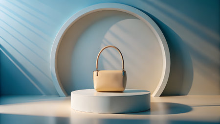 A cream leather handbag rests on a white circular podium against a white arched backdrop. Light casts diagonal shadows across the scene.の素材