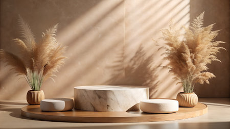 A beige podium with marble and wood elements is decorated with pampas grass in ribbed pots. Soft light casts shadows on the wall.の素材