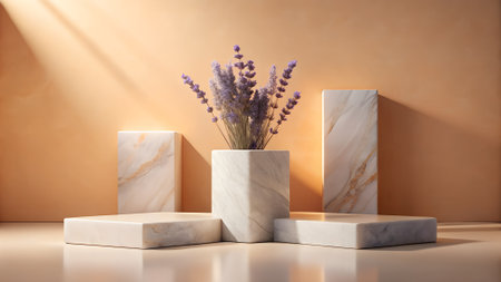 Geometric marble pedestals and a square vase holding a lavender arrangement are illuminated by soft, warm light casting shadows against an orange background.の素材