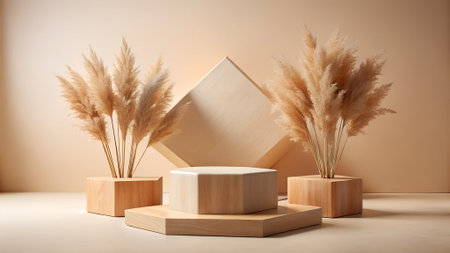 Geometric wooden podiums in neutral tones are arranged with dried pampas grass against a soft beige background.の素材