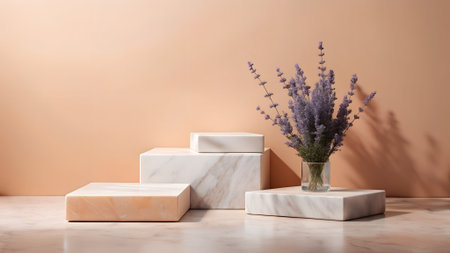 Geometric marble pedestals in peach and white tones are arranged with a lavender bouquet in a glass vase against a soft peach wall.の素材