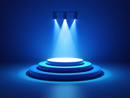 Error: Unsupported file format: D:/JPG\Blue tiered podium illuminated by three spotlights in dark room stage beam.jpgの素材