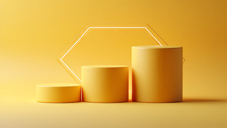 Error: Unsupported file format: D:/JPG\Three yellow cylindrical pedestals in a row with hexagonal frame podium display.jpgの素材