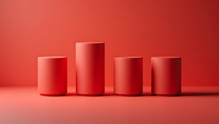 Four matte red cylindrical pedestals of varying heights are arranged on a matching red surface against a solid red background.の素材