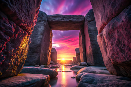 Large rough stones form an archway framing a vibrant pink and purple sunset over calm water reflecting the sky.の素材