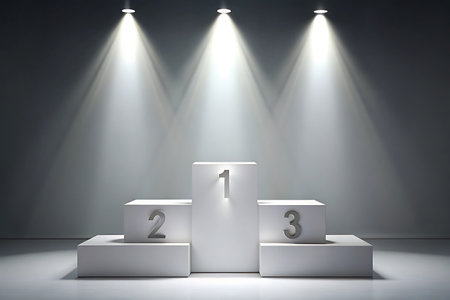 A white podium with numbers 1 2 3 is lit by three bright spotlights against a dark grey background.の素材