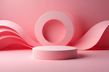 A pink cylindrical podium sits on a pink surface with abstract pink paper waves and a circular frame in the background.の素材