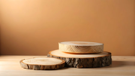 Three stacked natural wood tree stump slices with bark on a light wooden surface against a plain tan background.の素材