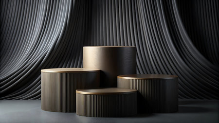 Four cylindrical display podiums of varying heights and widths, featuring ribbed sides and gold trim, are arranged against a dark, vertically textured backdrop.の素材
