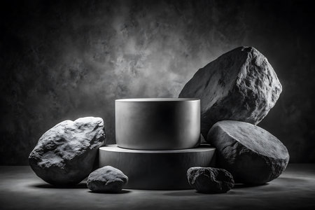 A dark gray textured background frames a central gray cylinder podium surrounded by rough, natural rocks of various sizes.の素材
